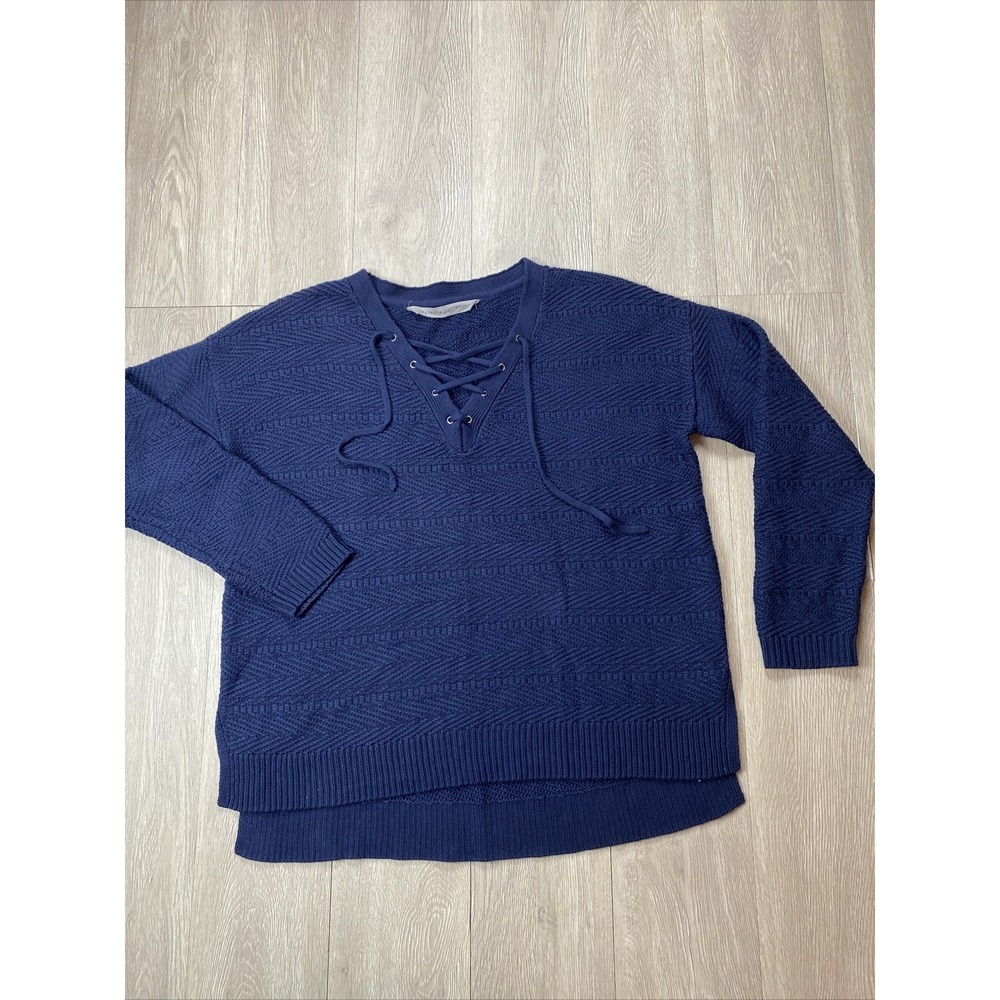 Athleta Sweater Women's Medium M Thin‎ Knit Tie Up Crochet Navy Blue Super Cute!